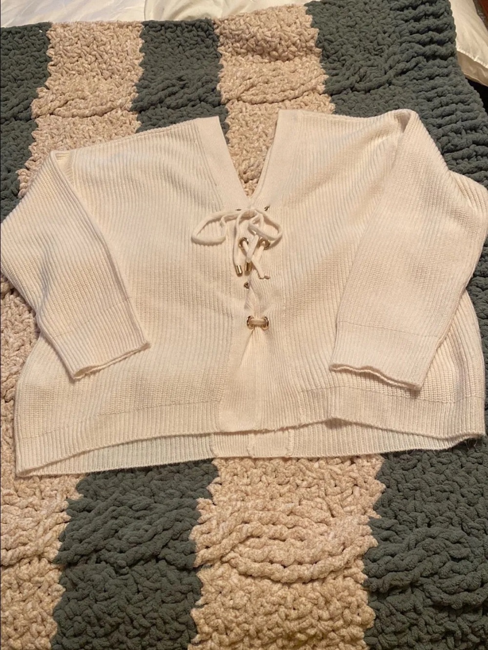 DKNY Cream Lace-Up V-Neck Sweater